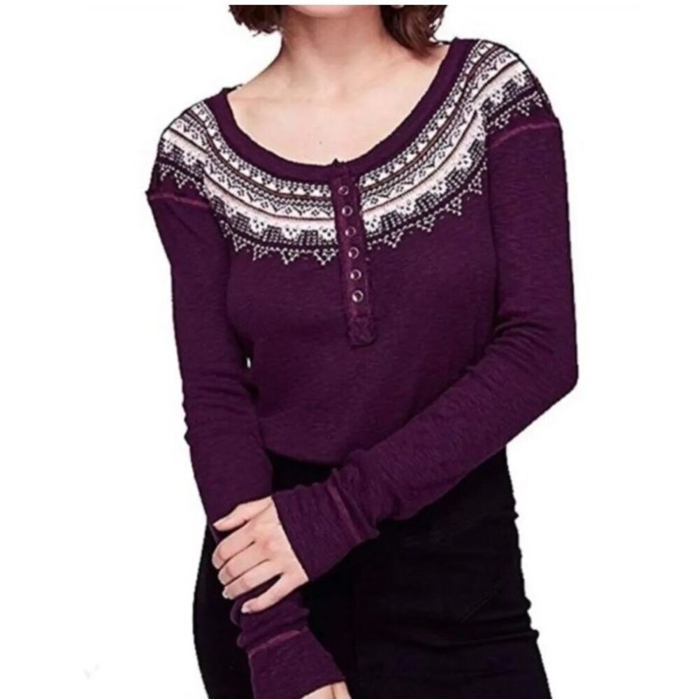 Free People We The Free Fair Isle Thermal Henley Top Women's M Plum Thumbholes